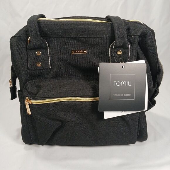 Tomill Insulated Cooler Lunchbox Tote Bag Black with Gold Zippers New Tags - Picture 1 of 7